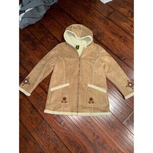 Cabelas Womens Large Coat Brown Hood Floral Embroidery Suede Sherpa Zip Y2K 90s